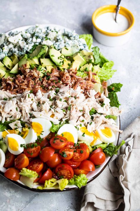 A cobb salad composed on a platter. Composed Salad, Cobb Salad Ingredients, Creamy Balsamic Vinaigrette, Avocado Dressing Recipe, Cobb Salad Recipe, Grape Salad, Ambrosia Salad, Salad Recipes For Dinner, Summer Salad Recipes