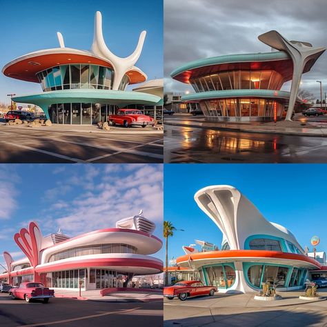 Retro Architecture Design, Vintage Futurism Architecture, Retro Futurism Restaurant, Raygun Gothic Aesthetic, Googie Architecture Space Age, Googie Aesthetic, Neo Futurism Architecture, Retro Futuristic Architecture, The Jetsons Aesthetic