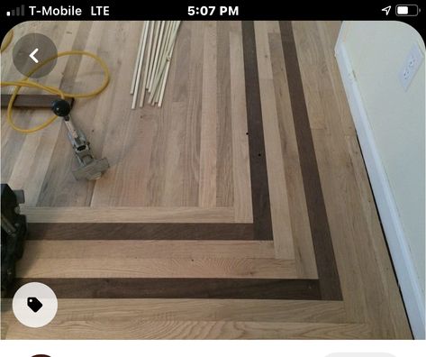 Art Deco Hardwood Floors, Blending Two Different Wood Floors, Two Tone Hardwood Flooring, Wood Floor With Border, Wood Floor Border Ideas, Hardwood Floor Border, Hardwood Floor Layout Pattern, Two Tone Wood Floor, Hardwood Floor Inlay