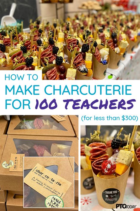 How your PTO can make charcuterie for 100 teachers (for less than $300) Teacher Appreciation Gifts Non Food, Pto Teacher Snacks, Teacher Lunch Themes, Pta Food Ideas, Teacher Appreciation Sandwich Lunch, Snacks For Parent Teacher Conferences, Pto Teacher Meals, Charcuterie For Teachers, Food Gifts For Teachers