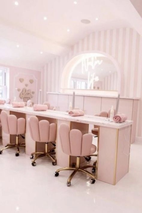 Create a millenial pink haven with gorgeous blush tones. Pink Nail Salon, Modern Manicure, Beauty Shop Decor, Pink Salon, Beauty Chair, Nail Salon Interior Design, Nail Salon Interior, Beauty Room Salon, Esthetician Room Decor