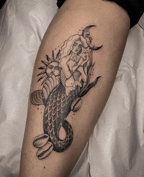 Mermaid Thigh Tattoo, Simple Tattoo With Meaning, Mermaid Sleeve Tattoos, Siren Tattoo, Mermaid Tattoo Designs, App Filter, Theme Tattoo, Inspiration Tattoo, Airbrush App