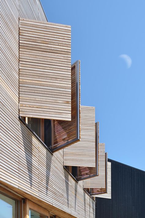 The Wood Window Shutters On This House Match The Home's Exterior So They Blend In When Closed Wood Shutters Exterior, Wooden Window Shutters, Beach Studio, Window Shutters Exterior, Timber Frame House, Wood Facade, House Shutters, Timber Architecture, Amsterdam Houses