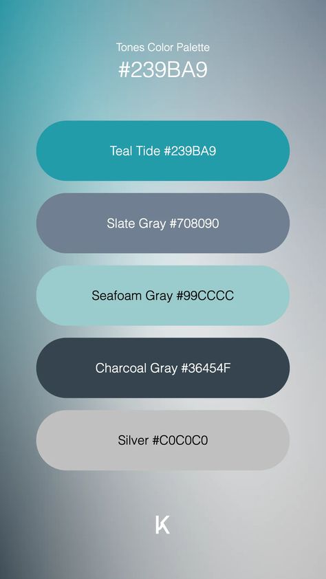 Tones Color Palette Teal Tide #239BA9 · Slate Gray #708090 · Seafoam Gray #99CCCC · Charcoal Gray #36454F · Silver #C0C0C0 Colors With Teal, Color Palette Teal, Aqua Color Palette, Color Thesaurus, Calming Coastal, Bathroom 2024, Turquoise Color Palette, Gray Color Palette, Teal And Gray