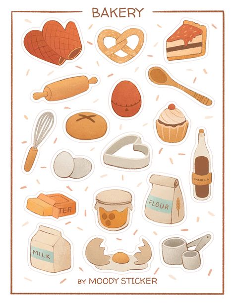 Food Scrapbook Ideas, Sticker Sheet Ideas, Journalling Stickers, Baking Drawing, Aesthetic Bakery, Bakery Stickers, Digital Stickers Png, Food Journals, Baking Stickers