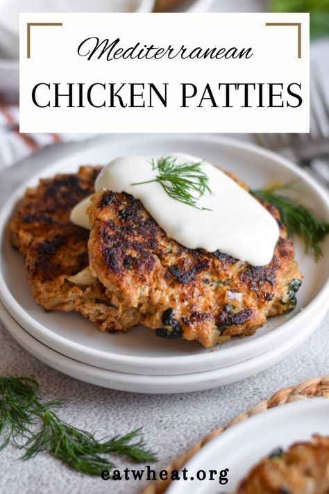 Mediterranean Chicken Patties | Recipes | Eat Wheat Mediterranean Chicken Patties, Ground Chicken Patties Recipes, Chicken Patties Recipes, Chicken Patty Recipes, Chicken Patty, Chicken Philly, Cilantro Chicken, Corn Chicken, Chicken Patties