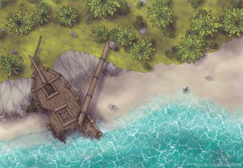 A shipwreck on a tropical islands shore, half destroyed. Ship Map, Dnd World Map, Battle Map, Tabletop Rpg Maps, Dnd Maps, Rpg Map, Dungeon Maps, D D Maps, Island Map