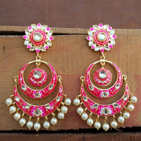 Pink Meenakari Chandbali Earrings - Feedlinks.net Dress Anarkali, Lehenga Dress, Meenakari Earrings, Suit For Wedding, Fashion Ecommerce, Bold Statement Jewelry, Anarkali Salwar, Saree Lehenga, Chandbali Earrings