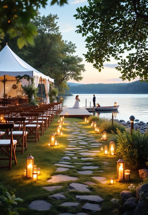 Small Wedding Ideas Weddings At Home Backyards, Summer Lakeside Wedding, Weddings On The Water, Simple Micro Wedding, Small Outside Wedding Ideas, Outdoor Lake Wedding Ideas, Small Cheap Wedding, Fishing Wedding Ideas, Everglades Wedding