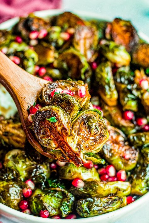 Balsamic Glazed Brussels Sprouts with Pomegranate Seeds - An easy side dish that's perfect for not only the holidays but anytime you're in the mood for CRISPY roasted Brussels sprouts!! The homemade balsamic glaze seeps into every inch of the spouts and adds so much tangy-sweet flavor!! Brussel Sprout Pomegranate Recipes, Roasted Brussel Sprouts With Pomegranate Seeds, Balsamic Glazed Vegetables, Roasted Brussel Sprouts With Pomegranate, Brussel Sprout Recipes With Pomegranate, Brussel Sprout Recipes Pomegranate, Roasted Vegetables With Pomegranate, Pomegranate Brussel Sprout Salad, Brussels Sprouts Christmas