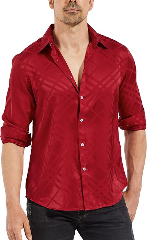 VICALLED Men's Sati Printing Dress Shirt Slim Fit Casual Dance Party Long Sleeve Fitted Wrinkle Free Tuxedo Shirts at Amazon Men’s Clothing store Silk Dancing, Dance Shirt, Dance Shirts, Red Party, Tuxedo Shirts, Luxury Dress, Dance Party, Party Shirts, Wrinkle Free