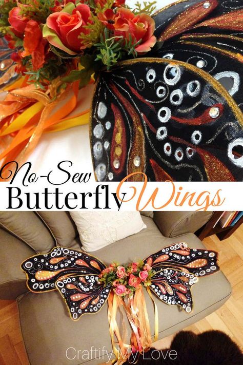 DIY now-sew monarch butterfly wings that can also be used for a fairy Halloween costume. You can make them probably solely from things you have at home! Click for a detailed step by step tutorial. #craftifymylove #butterflywings #fairywings #DIYhalloweencostume #lastminute via @CML_Habiba Tulle Halloween Costumes, Butterfly Wings Diy, Wings Costume Diy, Diy Butterfly Costume, Monarch Butterfly Costume, Monarch Butterfly Wings, Butterfly Halloween Costume, Fairy Halloween Costume, Adult Fairy Costume