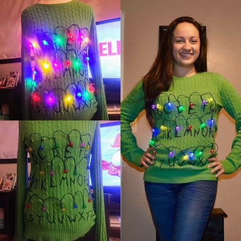 My "Stranger Things" inspired Christmas sweater! I made one for my hubby too, but in red :) Stranger Things Christmas Sweater, Creative Ugly Christmas Sweater, Stranger Things Sweater, Homemade Ugly Christmas Sweater, Stranger Things Christmas, Christmas Outfits Women, Ugly Christmas Sweater Party, My Hubby, Christmas Outfits