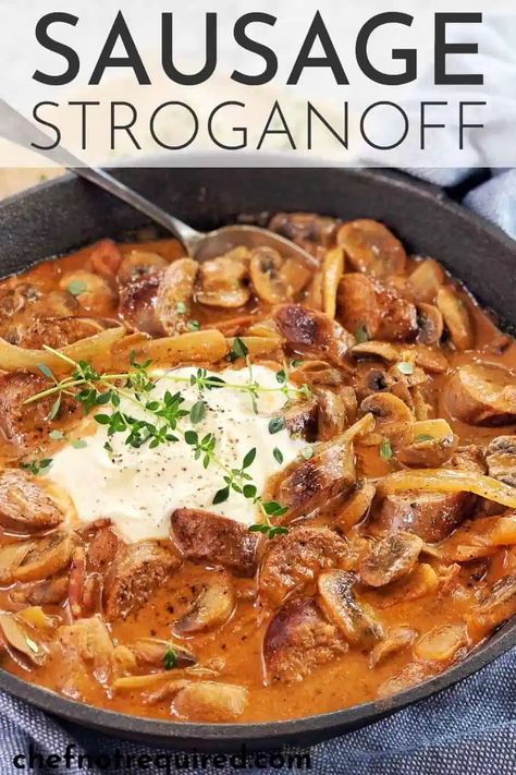 Looking for a cheaper alternative to beef stroganoff? Try my sausage stroganoff recipe! Easy and fast enough for a busy school night dinner, you can serve this with the traditional pasta or maybe rice or mashed potatoes. #chefnotrequired #stroganoff Sausage Stroganoff, Stroganoff Recipe Easy, Traditional Beef Stroganoff, School Night Dinner, Classic Roast, Traditional Pasta, Winter Dessert, Aussie Food, Sour Cream Sauce