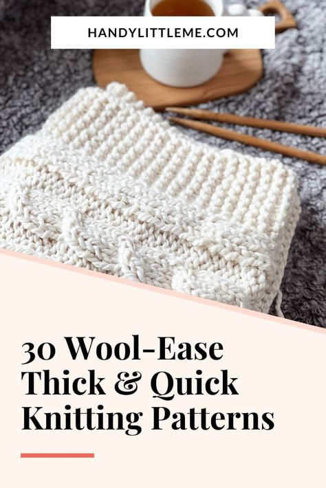 30 Wool-ease thick and quick knitting patterns. Get ready to experience the joy of swift and satisfying knitting with Wool-Ease Thick & Quick yarn! This yarn is the ultimate companion for creating an array of cozy, chunky projects that knit up in no time. With Wool-Ease Thick & Quick, you'll find yourself wrapped in warmth and style, whether you're crafting snug scarves, chunky cowls, or plush, oversized blankets. Wool Ease Blanket Crochet Patterns, Wool Ease Thick And Quick Blanket, Wool Ease Wow Patterns, Lion Brand Wool Ease Thick And Quick Knitting Patterns, Lion Brand Wool Ease Thick And Quick, Lion Brand Thick And Quick Patterns, Chunky Yarn Projects Knit, Lion Brand Wool Ease Patterns, Thick And Quick Knit Patterns