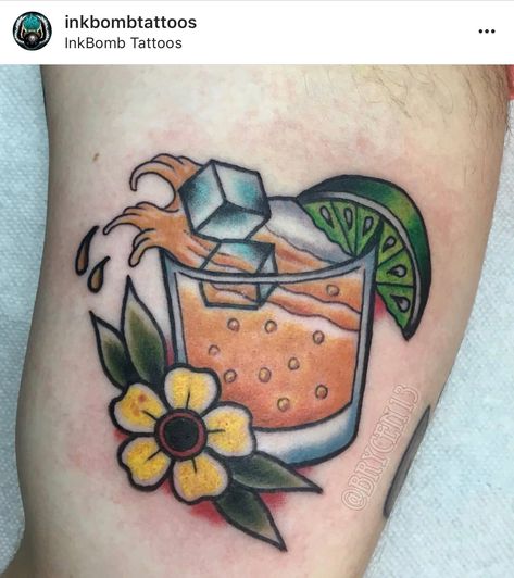 Tequila And Lime Tattoo, Medic Tattoo, Tequila Tattoo, Whiskey Tattoo, Drink Tattoo, Cocktail Tattoo, Dessert Art, Style Tattoo, Sailor Jerry