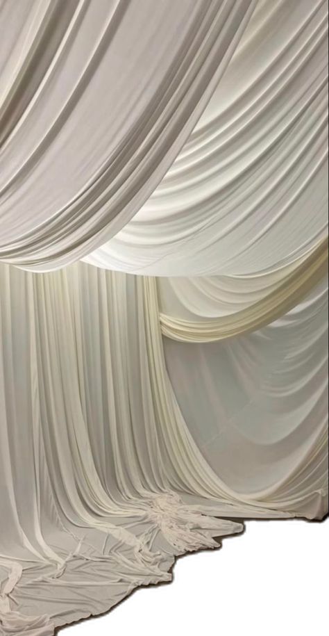 Drapery Aesthetic, Draping Fabric From Ceiling, Cream Drapes, Fabric Installation, Fabric Draping, Warehouse Design, Draping Fabric, Fabric Photography, White Drapes