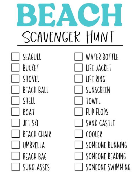 Summer Activities For Kindergarten, Summer Games For Kids, Beach Printables, Kids Summer Activities, Beach Scavenger Hunt, Camping Scavenger Hunts, Camping Printables, Scavenger Hunt Printable, Summer Worksheets