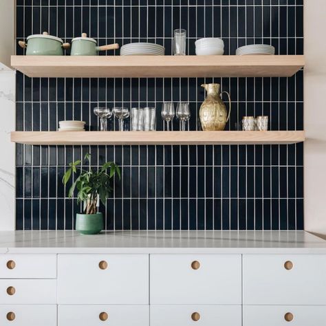 Vertically stacked tile like these 2x8s in @studio125mpls mimic shapes found in the city. Build a metropolis of your own with our newest Story, link in profile. 📷 @2ndtruth  #handmade #tiles #kitchendesign Stacked Tile, Marble Subway Tile, White Kitchen Paint, Blue Subway Tile, Subway Tile Backsplash Kitchen, Shiplap Backsplash, Marble Subway Tiles, Fireclay Tile, Open Kitchen Shelves