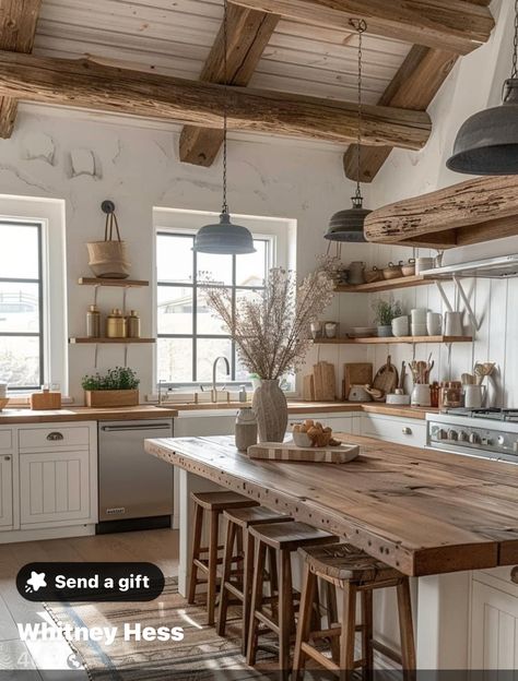 Country Style Kitchen Decor, White Farmhouse Kitchen With Island, Country Modern Kitchen Farmhouse Style, Quaint Farmhouse Interior, Rustic Kitchen With Island, Country Kitchen Island Ideas, Country House Decor Kitchen, Country Style Kitchen Farmhouse, Barn Kitchen Farmhouse Style