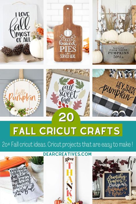 Fall Cricut Crafts - Be inspired by these 20+ Cricut ideas that are easy to make!  Grab a Cricut project to make. These are awesome fall DIY crafts to make with your Cricut. See them all at DearCreatives.com Which one will you make first? Signs For Fall Decor, Cricket Fall Projects, Fall Cricket Projects, Cricuit Ideas Diy Projects Fall, Cricut Projects Fall, Diy Cricut Wood Projects, Fall Circut Ideas, Fall Diy Signs Cricut, Autumn Cricut Projects