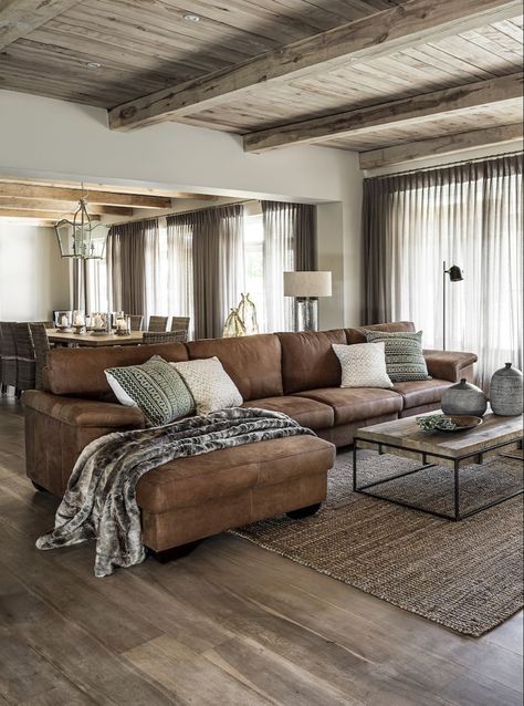 Lounge Room Ideas Leather Couch, Couch With Cover Living Rooms, Living Room Couch Ideas Farmhouse, Modern Farmhouse Brown Couch, Cozy Living Rooms Gray Floor, Tan Leather Reclining Sofa, Basement Ideas Brown Couch, Leather Modular Sofa Living Room, Living Room Inspiration With Leather Couch