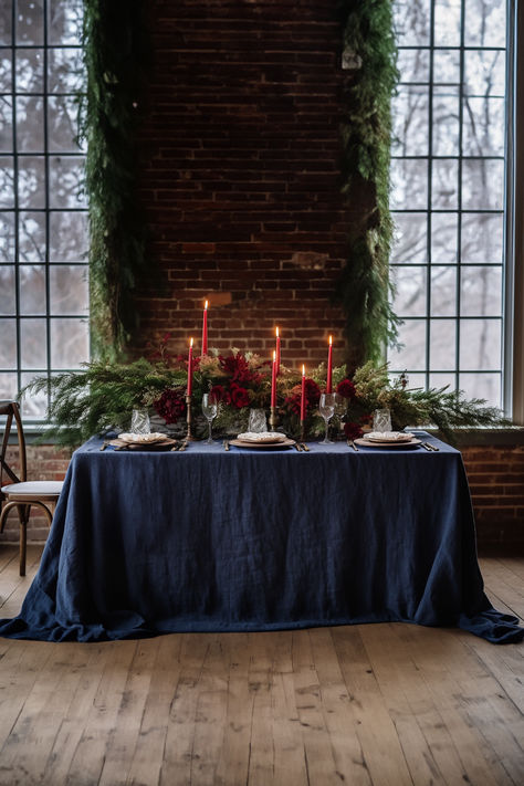 https://truethings.store/products/indigo-linen-tablecloth Navy Tablecloth Wedding, Navy Table Setting, Black Tablecloth Wedding, Gothic Italian, Deep Blue Wedding, Classic Table Setting, Blue Place Settings, Blue Table Cloth, Ward Activities