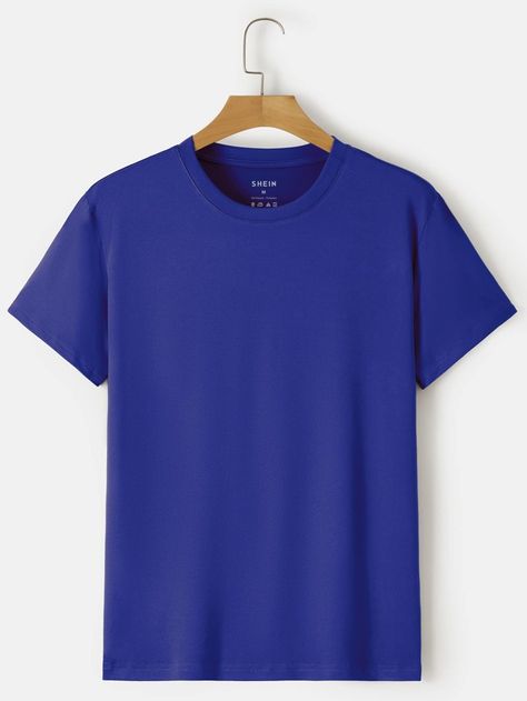 Men Solid Round Neck Tee | SHEIN USA Tshirt Bleu, Plain Blue T Shirt, Royal Blue Shirt, Blue T Shirts, Mens Plain T Shirts, Royal Blue T Shirt, Plain T Shirt, Round Neck Tees, Hoodie Outfit