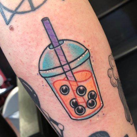 Boba Tea Tattoo, Bubble Tea Tattoo, Boba Tattoo, Tea Tattoo, Bubble Tea Flavors, Rainbow Bubbles, Kawaii Tattoo, Matching Tattoo, Large Tattoos