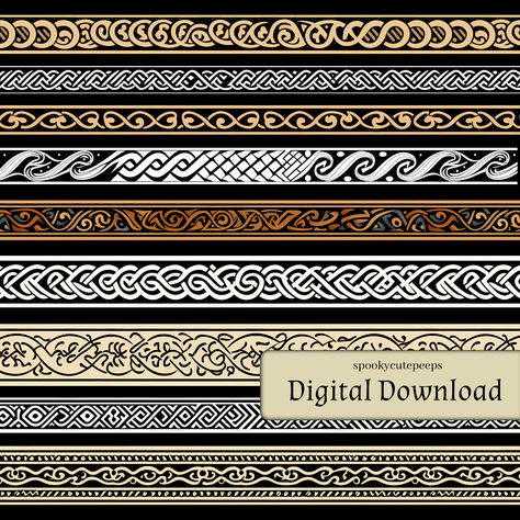 Enhance your creative projects with our Viking Borders Seamless Digital Papers! This pack includes 20 high-quality, seamless designs inspired by ancient Viking artistry. Perfect for scrapbooking, digital crafts, and creative ventures, these printable papers are a digital download away from elevating your artistic vision. Each design seamlessly blends into the next, providing endless possibilities for your projects. Add a touch of Norse heritage to your creations with these versatile and easily a Viking Border Design, Viking Pattern Design, Nordic Pattern Viking, Viking Designs Pattern, Norse Patterns, Viking Knotwork, Celtic Border, Norse Design, Valhalla Viking