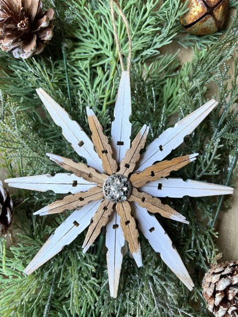 DIY Clothes Pin Snowflake Ornament - Creating Through Chaos Dollar Tree Clothes Pin Crafts, Craft Ideas Using Ceiling Fan Blades, Snowflake Clothespin Ornament, Close Pin Snowflakes, Clothes Pin Stars, Clothespin Snowflake Ornament, Clothes Pin Snowflakes Diy, Clothespins Snowflakes, Clothes Pin Christmas Crafts