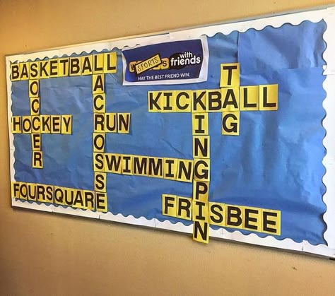 Gym Class Bulletin Board Ideas, Phys Ed Bulletin Boards, Physical Education Bulletin Board Ideas, Sports Bulletin Board Ideas, Gym Bulletin Board Ideas, Education Bulletin Boards, Sports With Friends, Sports Bulletin Boards, Pe Classroom