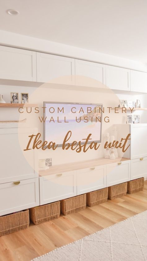 Brooke | DIY & Interior Inspo | | Custom Cabinetry wall using Ikea Besta Units 🔁 We wanted to add additional storage to our media room, something that could be used as toy … | Instagram Built In Tv Wall Unit With Toy Storage, Tv And Toy Storage Wall Unit, Ikea Besta Whole Wall, Tv Wall Playroom, Disguising Toy Storage, Ikea Cupboards Living Room, Besta Ikea Office Wall Units, Ikea Besta Long Wall, Wall Mount Toy Storage