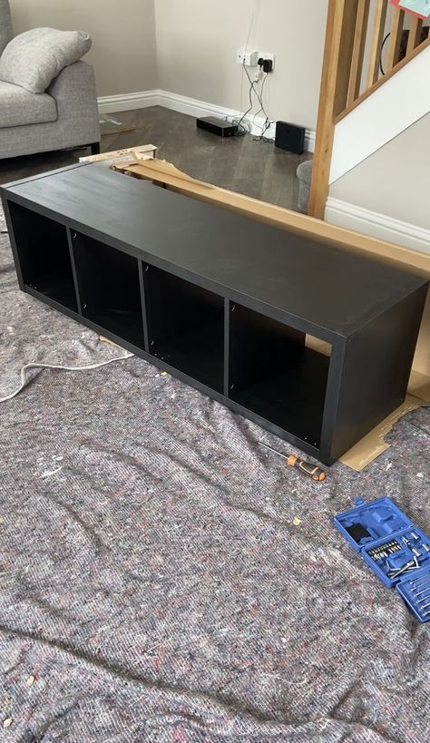 Kalax Tv Unit, Black Kallax Tv Stand, Kallax Unit Hack, Kallax Tv Stand Ideas, Kallax Ikea Black, Paint Ikea Kallax Shelf, Ikea Hack Media Unit, Kallax Media Unit, Kallax Media Wall