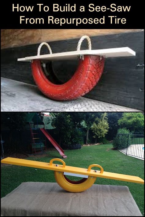 Keep The Kids Entertained  With This DIY Tire Seesaw! Tire Seesaw, Sketchup Woodworking Plans, Repurposed Tire, Diy Tire, Easy Woodworking Ideas, Wood Projects For Kids, Diy Playground, Tire Swing, The Family Handyman