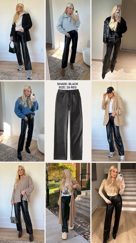 I just love how versatile leather pants are, so I took a pair of Abercrombie wide leg faux leather pants and styled them 7 different ways, from running errands to business casual to night on the town. Get 25% off all denim & leather pants PLUS an additional 15% off with my code AFKATHLEEN 🎉 Tap to shop! Leather Pants Outfit Winter, Leather Pants Outfit Casual, Black Leather Pants Outfit, How To Style Leather Pants, Faux Leather Pants Outfit, Wide Pants Outfit, Leather Trousers Outfit, Wide Leg Outfit, Midlife Fashion