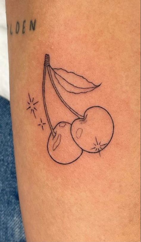 Kawaii Tattoo Outline, Cherry Tattoo Aesthetic, Cherry Tattoo Placement Ideas, Cherry Harry Styles Tattoo, Cherry Hearts Tattoo, Harry Styles Cherry Tattoo, Cherry Stamp Tattoo, Cherry Tattoo Small Simple, Fine Line Cherry Tattoo