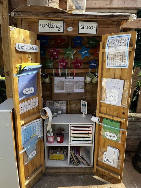 Outdoor Mark Making Area Eyfs, Outdoor Area Ks1, Outdoor Provision Ks1, Eyfs Garden Ideas Outdoor Areas, Eyfs Setup, Outdoor Provision Eyfs, Outdoor Classroom Activities, Continuous Provision Year 1, Writing Shed