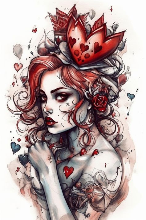 Queen of hearts tattoo, tattoo sketch#4 Queen Of Hearts Artwork, Queen Of Hearts Tattoo Design, Queen Heart Tattoo, Queen Of Hearts Sketch, Red Queen Tattoo, Queen Of Hearts Drawing, Queens Tattoo, Queen Of Hearts Aesthetic, King Of Hearts Tattoo