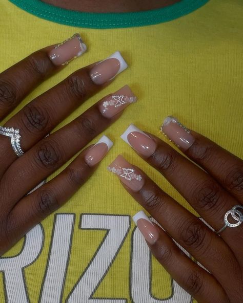 Perfect set for her 18th 😍 - - - - -  Silver bling French tips butterfly #nails#polygel#squarenails#18th#3dflowernails#silver#polygelnails#polygelnailtech#frenchtipnails#explore French Tip Polygel Nails, Butterfly Short Nails, Short Butterfly Nails, Nails Polygel, Butterfly Nails, Polygel Nails, Silver Bling, Short Acrylic, Short Acrylic Nails Designs