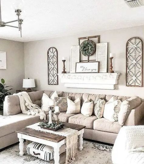 a chic neutral farmhouse living room with a tan sectional, a shelf with shutters and wooden candlesticks, a low coffee table Cozy Farmhouse Living Room, Modern Farmhouse Living Room Decor, Living Room Wall Decor Ideas, Серая Кухня, Room Wall Decor Ideas, Farmhouse Living Room Decor Ideas, Rustic Farmhouse Living Room, Modern Farmhouse Living, Living Room Sofa Design