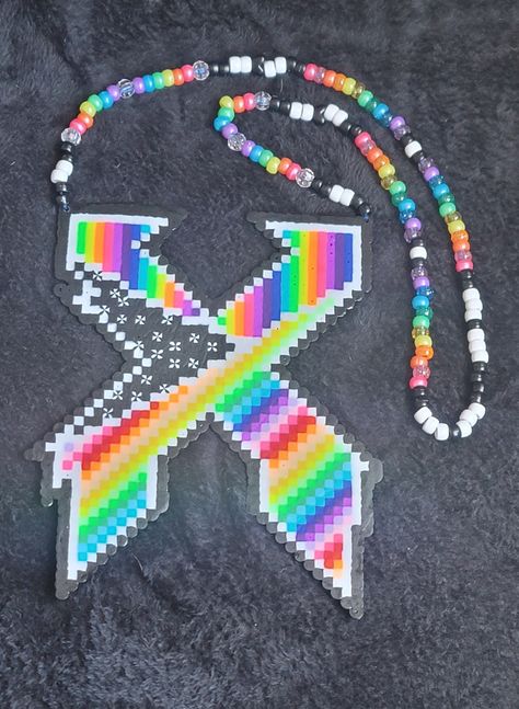 Large Rianbow Black and White Excision Perler Necklace. There are some UV reactive accents in the perler. Lost Land Perler, Zeds Dead Perler, Excision Perler Pattern, Excision Perler, Rave Perler, Bass Canyon, Rave Candy, Kandi Perler, Perler Necklace