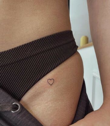 Heart Hot Bikini Line Tattoo Pelvic Tattoos Women Ideas, Small Hip Tattoos Women, Line Tattoo Designs, Pelvic Tattoos, Upper Leg Tattoos, Upper Thigh Tattoos, Private Tattoos, Tiny Heart Tattoos, Tattoo Placements