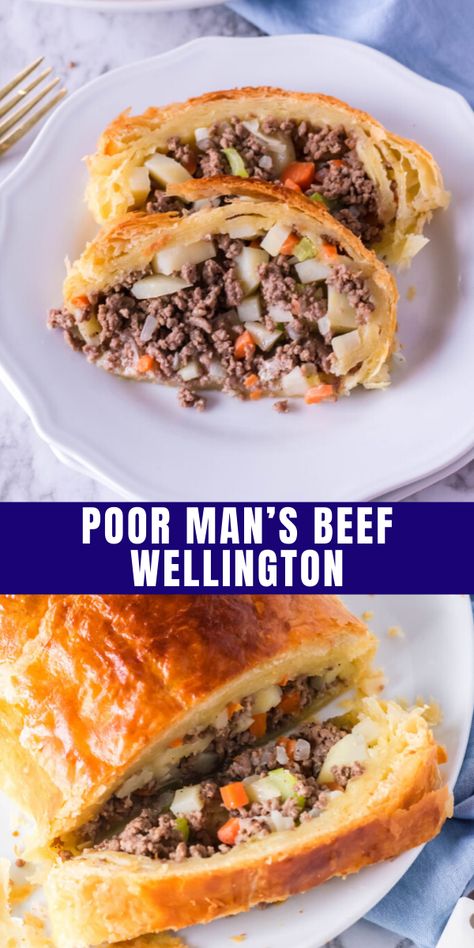 Gourmet Ground Beef Recipes, Ground Beef Wellington, Flavorful Meals, Puff Pastry Crust, Beef Wellington Recipe, Poor Man, Hearty Meal, Pastry Crust, Beef Wellington