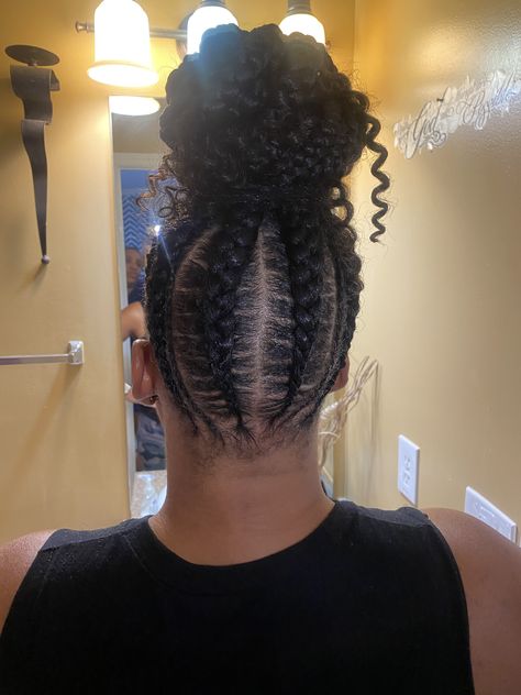 Stitch braided bun  Follow me @braidssbyvon Braids To A Bun Black Hair, Braids With Bun Black Women, Feed Ins Ponytail, Feeder Braids With Curly Hair, Feed In Curly Bun, Braided Bun With Curly Pieces, Braided Bun Updo For Black Women, Braids And Buns Hairstyles Black, Feed Ins With Bun