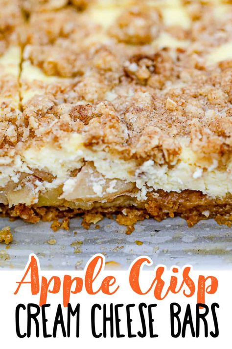 Apple Crisp Cheesecake Bars Cream Cheese Apple Crisp, Apple Crisp With Cream Cheese, Apple Crisp Cheesecake Bread, Apple Dessert Bars, Apple Crisp Cheesecake Bars Recipe, Cheesecake Apple Crisp, Apple Crumble Cheesecake Bars, Apple Cheesecake Bars With Shortbread Crust, Apple Cheesecake Bars With Graham Cracker Crust