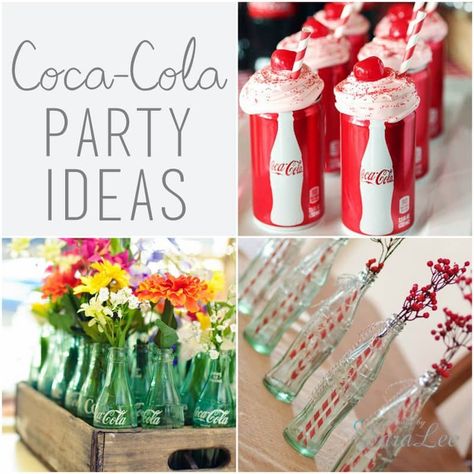 Throw a Coca-Cola party using these cute and easy ideas! Coke Bottle Centerpiece, Soda Theme Party, Coke Party, Coca Cola Birthday Party, Coke Float Party, Coca Cola Theme Party, Coke Theme Party, Coke Wedding Favors, Coca Cola Party Theme