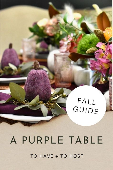 Purple Thanksgiving Tablescape, Purple Tablescape, Coffee Table Fall Decor, Purple Table Settings, Tablescape Thanksgiving, Orange Fall Decor, Pumpkin Tablescape, Pumpkin Table Decorations, Blue Harvest