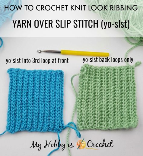 How to crochet Knit Look Ribbing - Yarn Over Slip Stitch into 3rd. Loop at the Front Crochet 3rd Loop, Crochet Knit Like Stitch, Knit Looking Crochet Stitch, Slip Stitch Back Loop Crochet, Yarn Over Slip Stitch Crochet, Crochet Slip Stitch Ribbing, Knit Like Crochet Stitch, Knit Look Crochet Stitch, Slip Stitch Back Loop