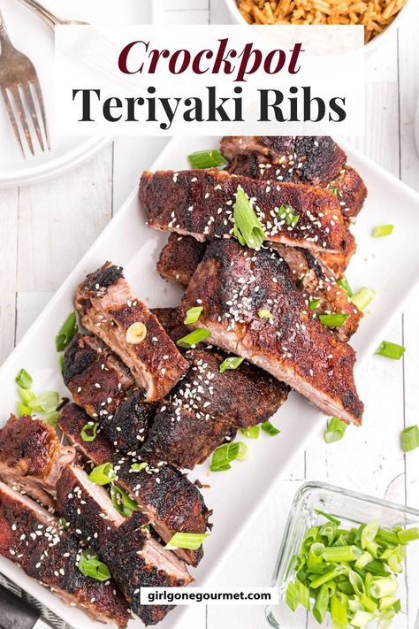 Teriyaki Ribs start in the slow cooker and finish under the broiler for the best sticky-sauced and tender pork ribs. You only need some simple pantry spices to make the dry rub and prepared teriyaki sauce to brush on at the end. Make these easy slow cooker ribs for dinner or as a snack for game day, holidays, or parties. Pop over to my site for the recipe! | dinner recipes | appetizers | crockpot recipes | Ribs Dinner Ideas, Teriyaki Ribs, Ribs For Dinner, Tender Pork Ribs, Teriyaki Pork, Crock Pot Inspired Recipes, Slow Cooker Teriyaki, Slow Cooker Ribs, Simple Pantry